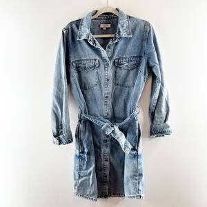 Habitual Long Sleeve Denim Button Up Mini Shirt Dress Blue Medium